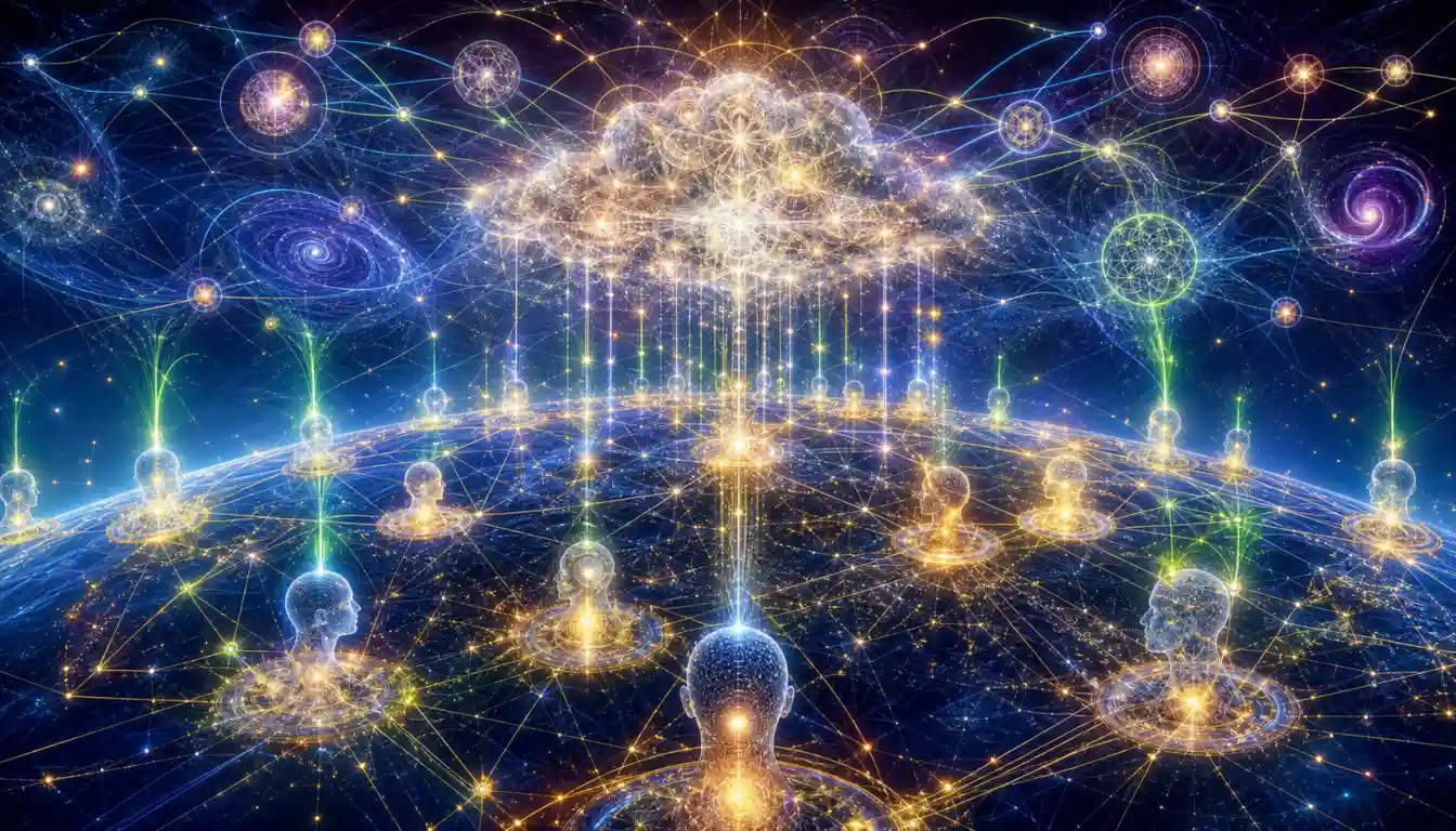 Global Consciousness Network mechanism connecting minds to a shared consciousness cloud